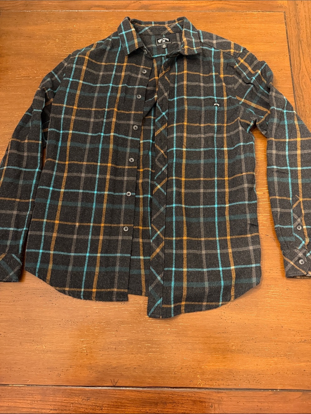 Billabong Black Plaid Button-Down Shirt with Teal & Mustard Stripes